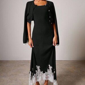 Black Elegant Women's Knit Sweater Lace detailed Dress & Cardigan Set